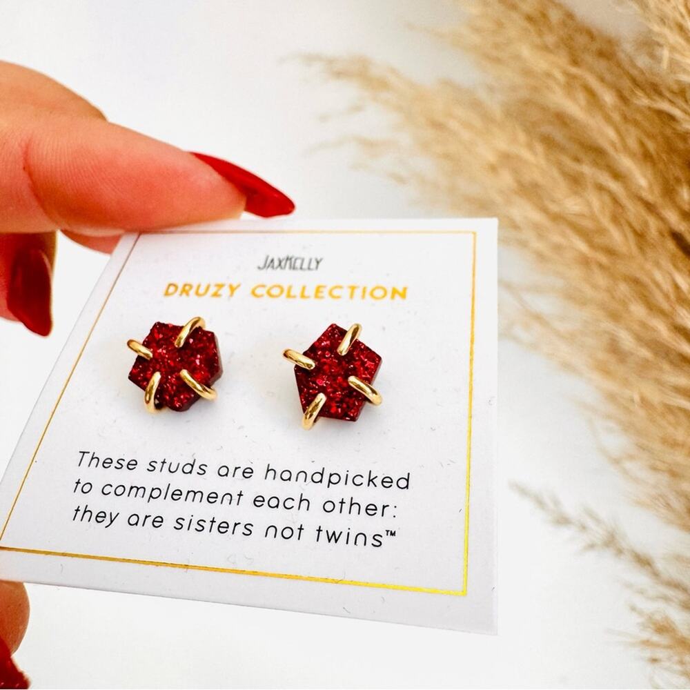 NEW ANTHROPOLOGIE Natural Ruby Red Druzy Stone Gold Earring Studs Jewelry - Picture 6 of 10